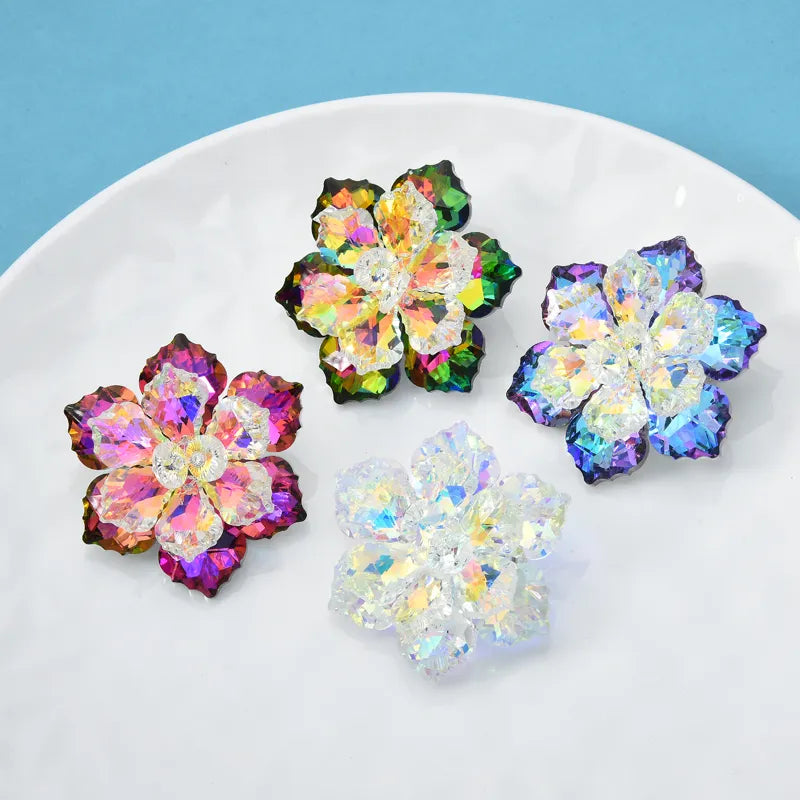 Wuli&baby Shining Glass Flower Brooches For Women 14-color Beauty Office Party Brooch Pin New Year Gifts