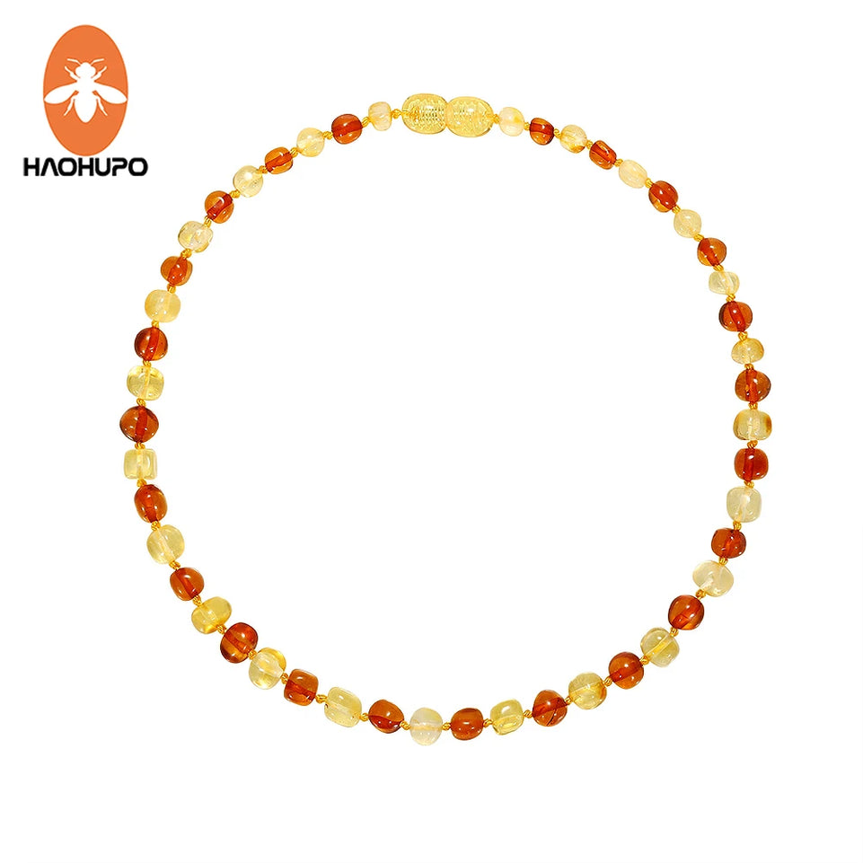 HAOHUPO Cognac Gold Amber Teething Bracelet/Necklace for Baby Baltic Natural Amber Collar Boy Girls Birthday Gifts Baby Jewelry