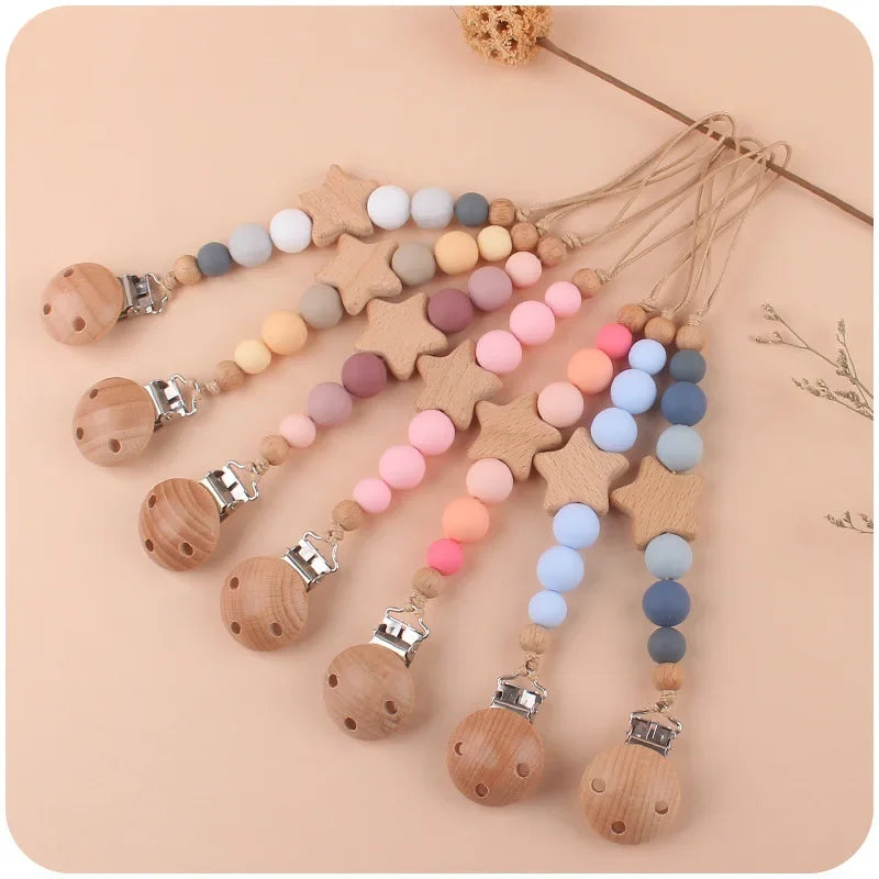 Wooden Baby Pacifier Chain Silicone Bead Dummy Nipple Holder Guard Teether Pendant  Newborn Gift Stuff