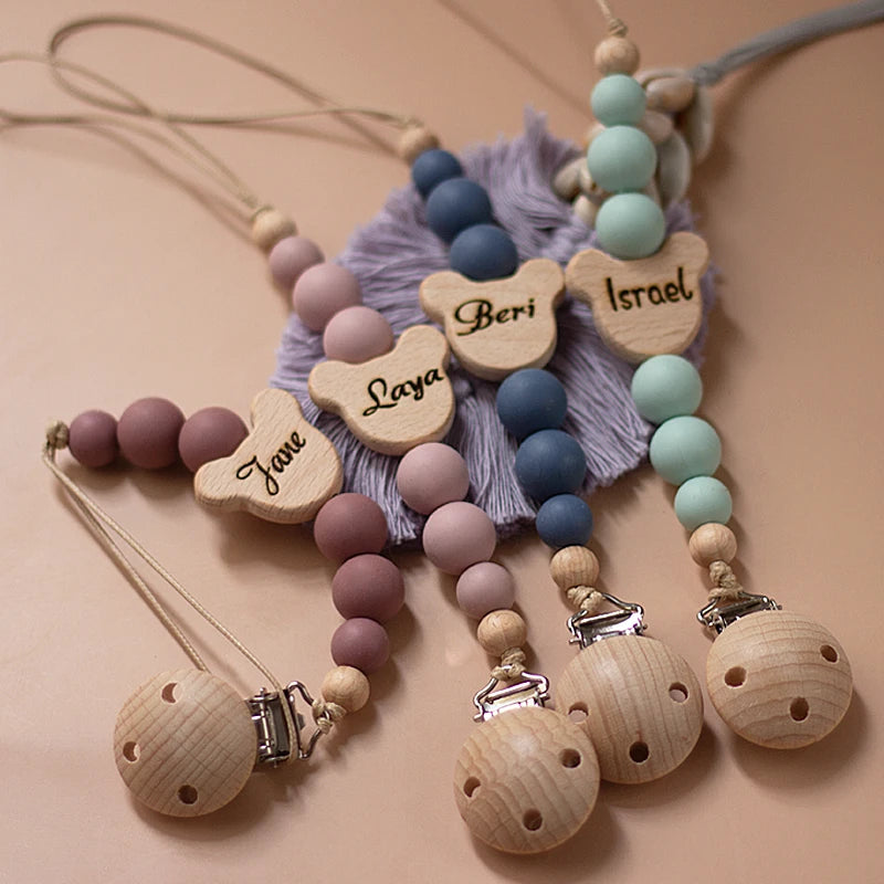 Custom Name Wooden Personalized Baby Pacifier Chain Silicone Bead Dummy Nipple Holder Guard Teether Pendant  Newborn Gift Stuff